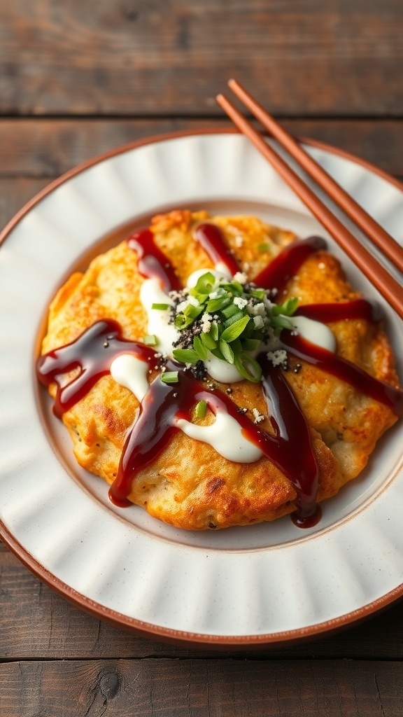 Japanese-style tortilla topped with okonomiyaki sauce, mayonnaise, green onions, and bonito flakes on a wooden table.